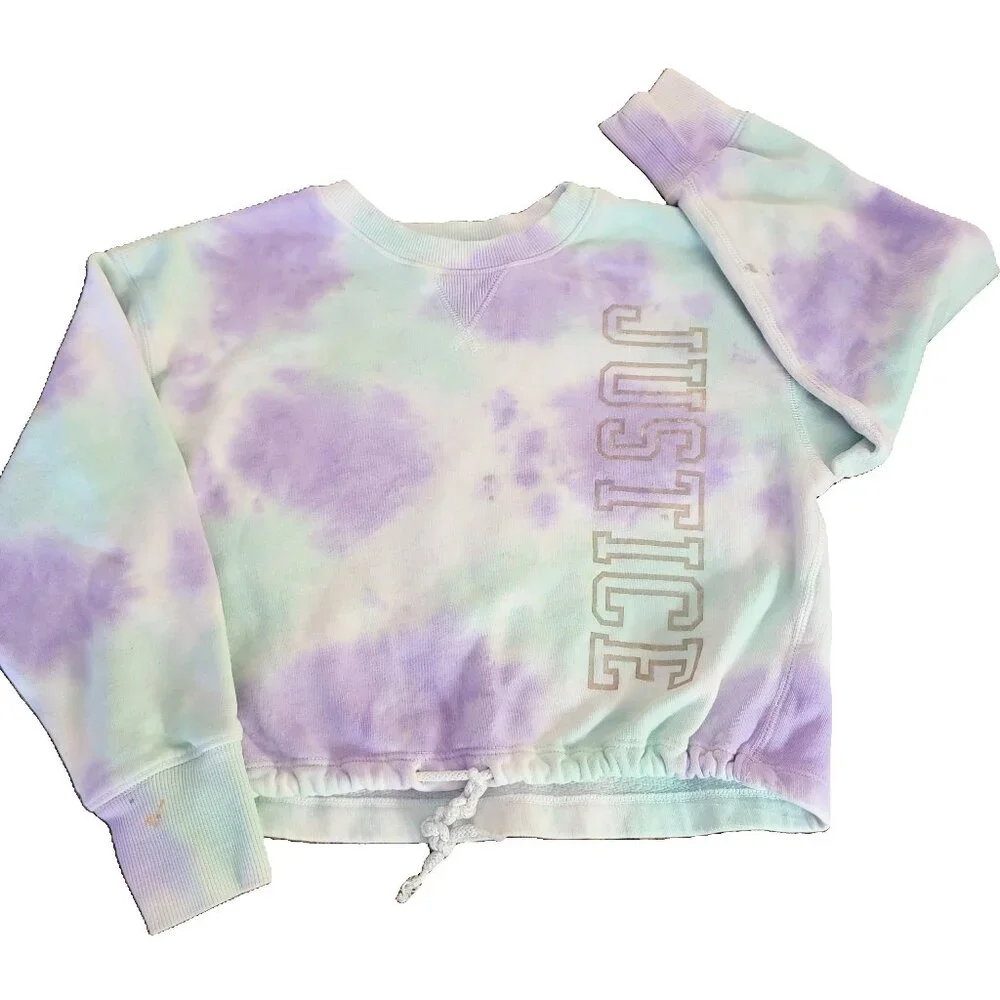 Justice Girls Size 7/8 Small Purple Tie Dye Cropped Drawstring Pullover